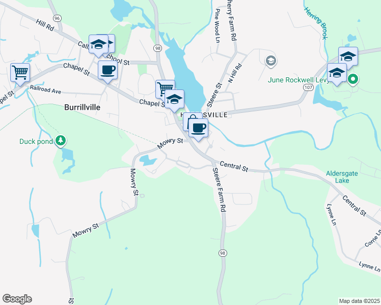 map of restaurants, bars, coffee shops, grocery stores, and more near 191 Harrisville Main Street in Burrillville
