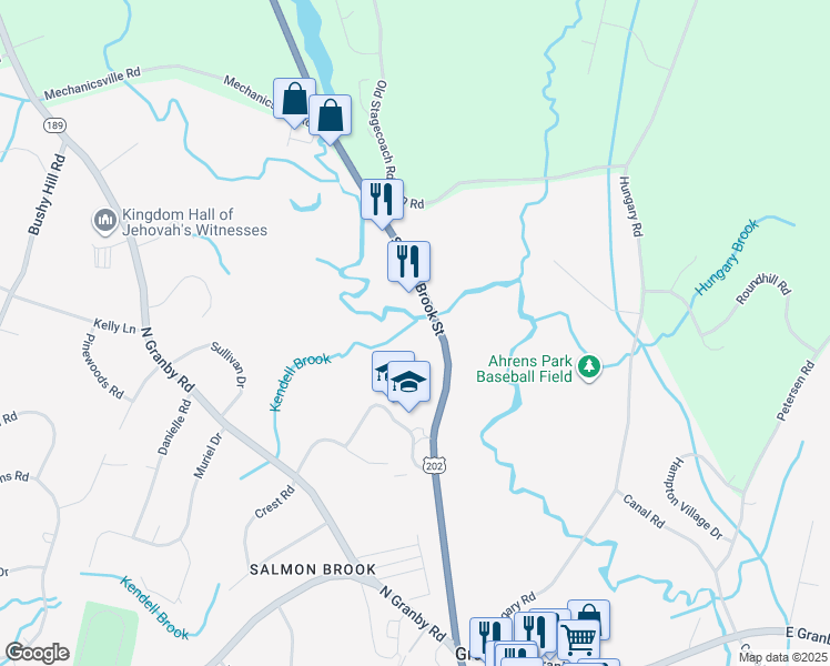 map of restaurants, bars, coffee shops, grocery stores, and more near 345 Salmon Brook Street in Granby