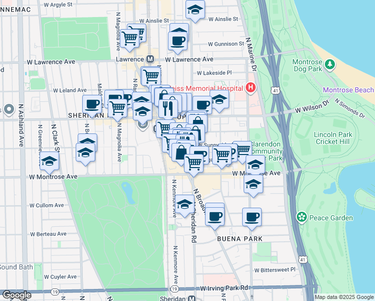 map of restaurants, bars, coffee shops, grocery stores, and more near 4516 North Sheridan Road in Chicago