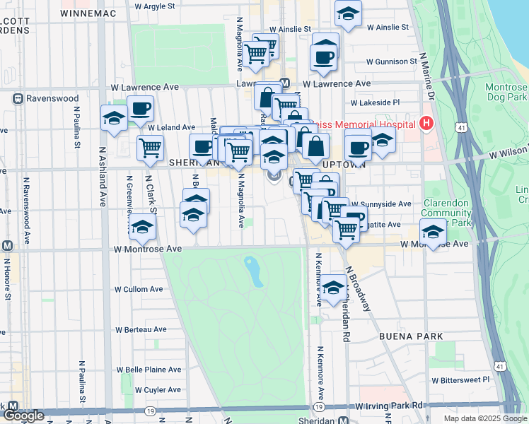 map of restaurants, bars, coffee shops, grocery stores, and more near 1145 West Wilson Avenue in Chicago