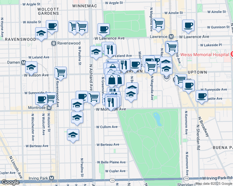 map of restaurants, bars, coffee shops, grocery stores, and more near 4515 North Clark Street in Chicago