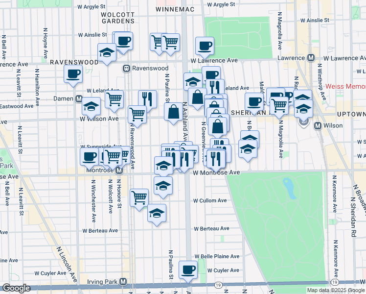 map of restaurants, bars, coffee shops, grocery stores, and more near 4517 North Ashland Avenue in Chicago