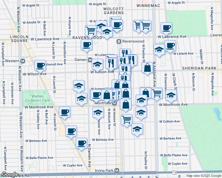 map of restaurants, bars, coffee shops, grocery stores, and more near 4510 North Ravenswood Avenue in Chicago