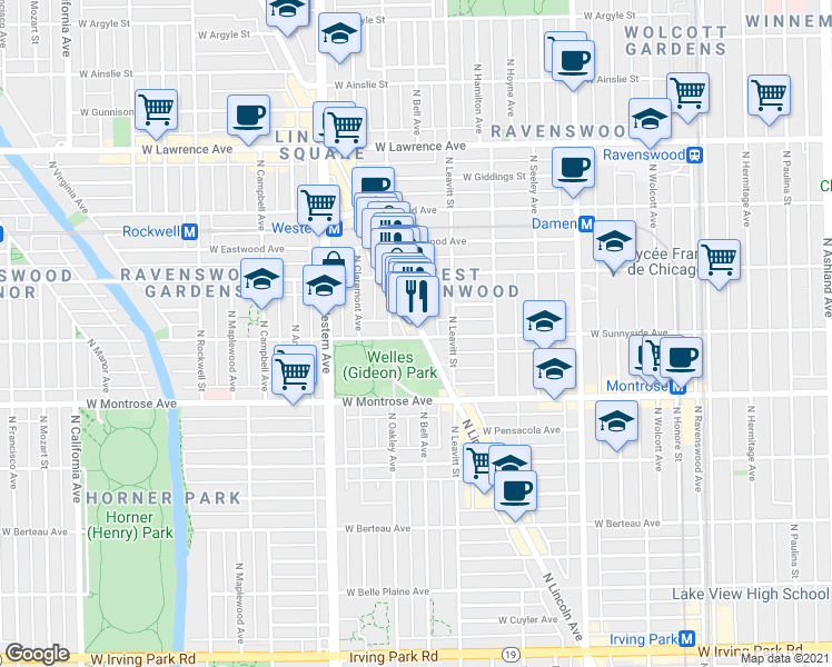 map of restaurants, bars, coffee shops, grocery stores, and more near 4528 North Lincoln Avenue in Chicago