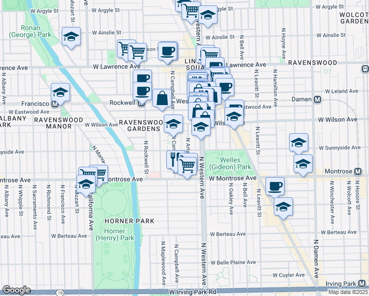 map of restaurants, bars, coffee shops, grocery stores, and more near 4531 North Artesian Avenue in Chicago