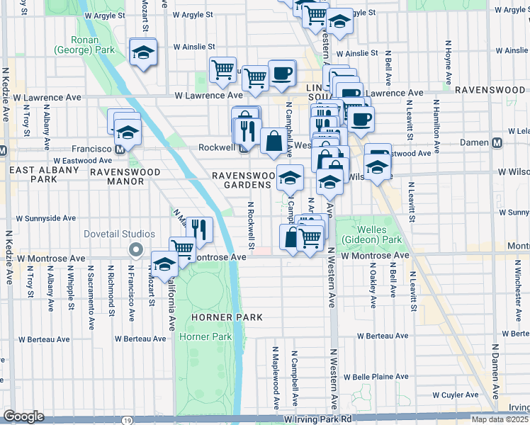 map of restaurants, bars, coffee shops, grocery stores, and more near 4526 North Maplewood Avenue in Chicago