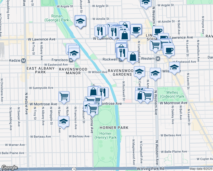 map of restaurants, bars, coffee shops, grocery stores, and more near 4546 North Virginia Avenue in Chicago