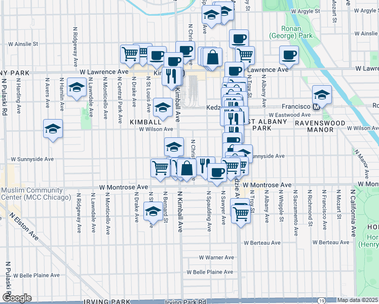 map of restaurants, bars, coffee shops, grocery stores, and more near 4534 North Christiana Avenue in Chicago