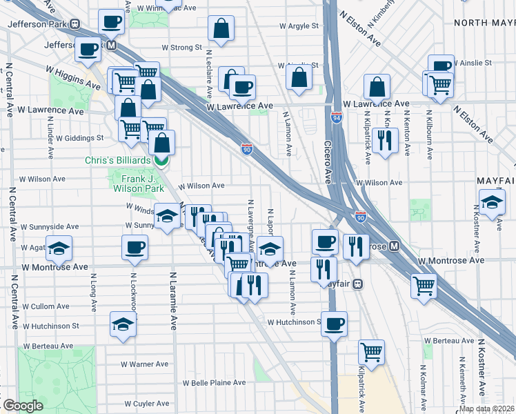 map of restaurants, bars, coffee shops, grocery stores, and more near 4550 North Laporte Avenue in Chicago
