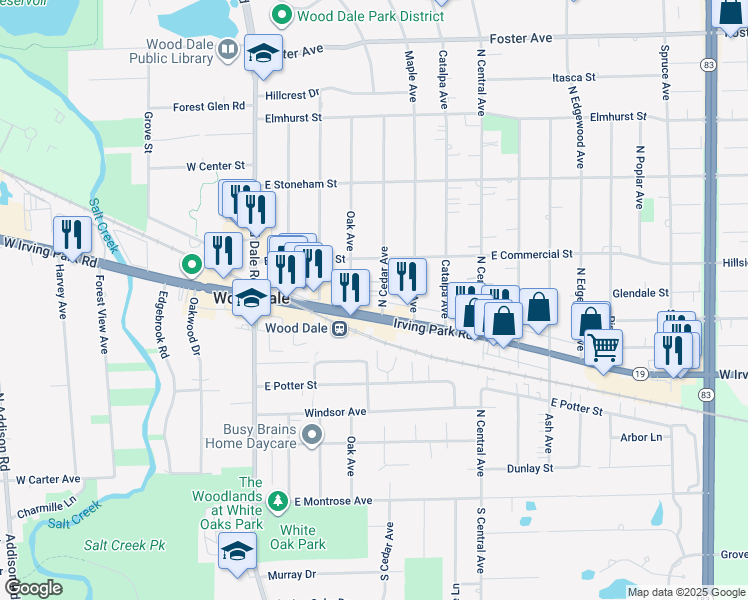 map of restaurants, bars, coffee shops, grocery stores, and more near 306 North Cedar Avenue in Wood Dale