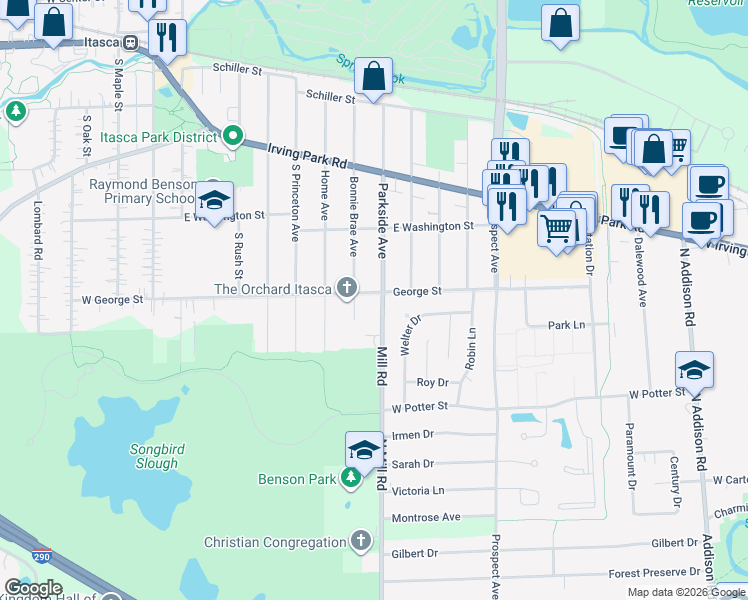 map of restaurants, bars, coffee shops, grocery stores, and more near 436 Parkside Avenue in Itasca