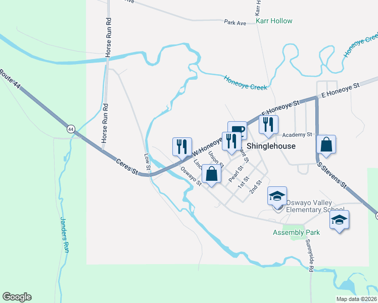 map of restaurants, bars, coffee shops, grocery stores, and more near 504 West Honeoye Street in Shinglehouse