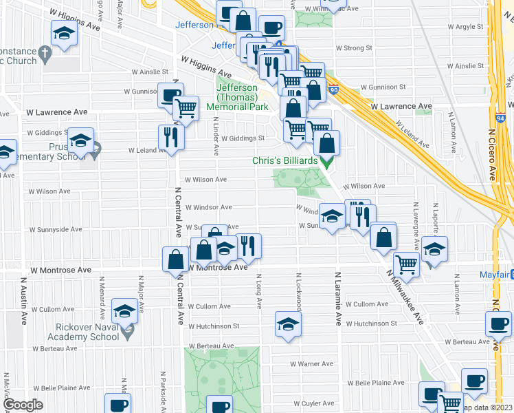 map of restaurants, bars, coffee shops, grocery stores, and more near West Windsor Avenue in Chicago