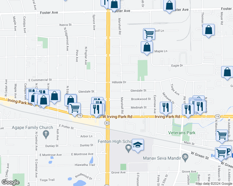 map of restaurants, bars, coffee shops, grocery stores, and more near 1108 Glendale Street in Bensenville