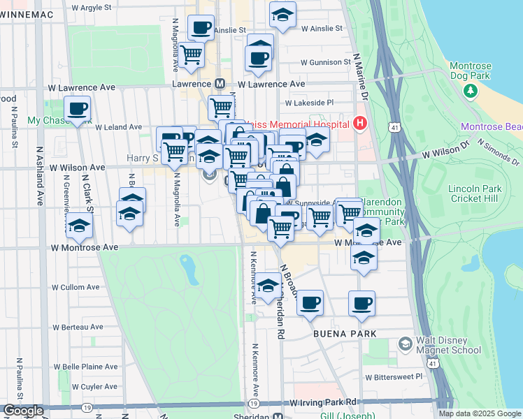 map of restaurants, bars, coffee shops, grocery stores, and more near 4516 North Sheridan Road in Chicago