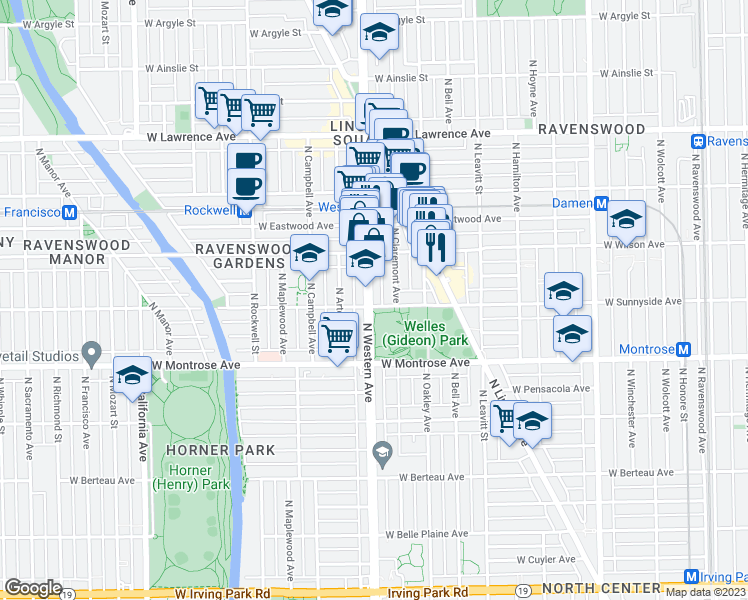 map of restaurants, bars, coffee shops, grocery stores, and more near 4503 North Western Avenue in Chicago