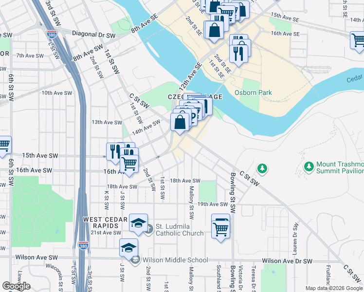 map of restaurants, bars, coffee shops, grocery stores, and more near 102 16th Avenue Southwest in Cedar Rapids