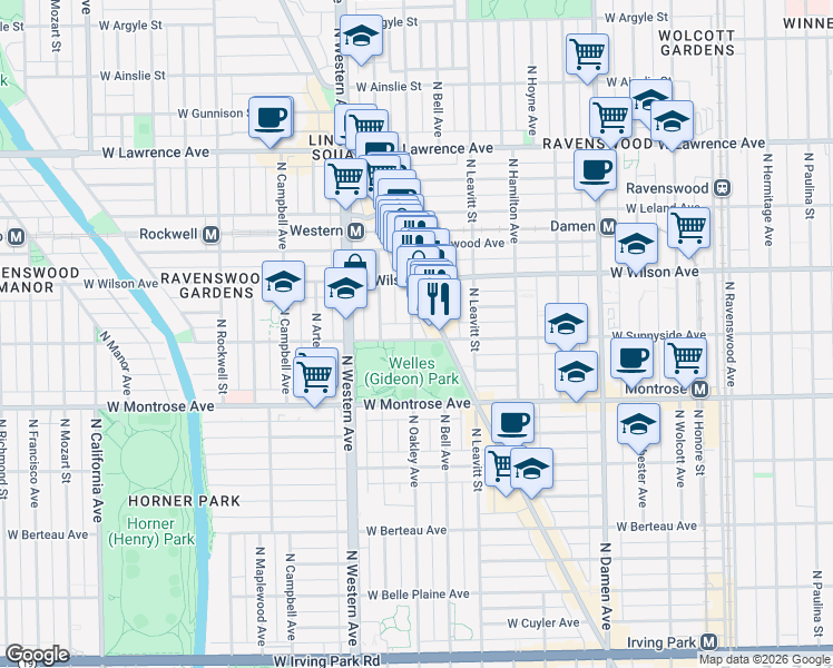 map of restaurants, bars, coffee shops, grocery stores, and more near 4528 North Lincoln Avenue in Chicago