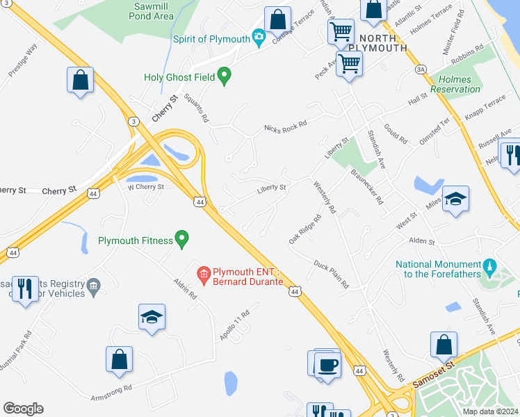 map of restaurants, bars, coffee shops, grocery stores, and more near 76 Liberty Street in Plymouth
