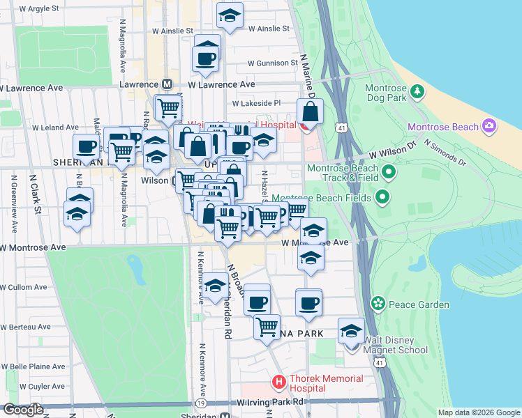 map of restaurants, bars, coffee shops, grocery stores, and more near 4508 North Hazel Street in Chicago