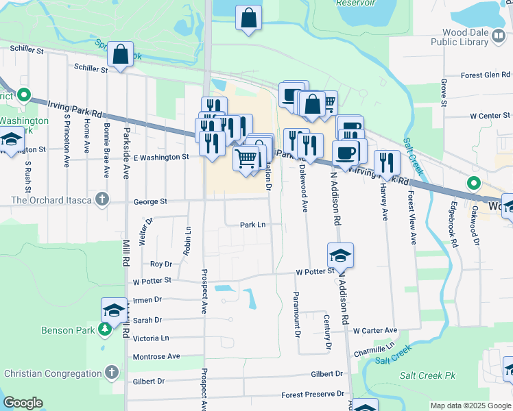 map of restaurants, bars, coffee shops, grocery stores, and more near 456 George Street in Wood Dale