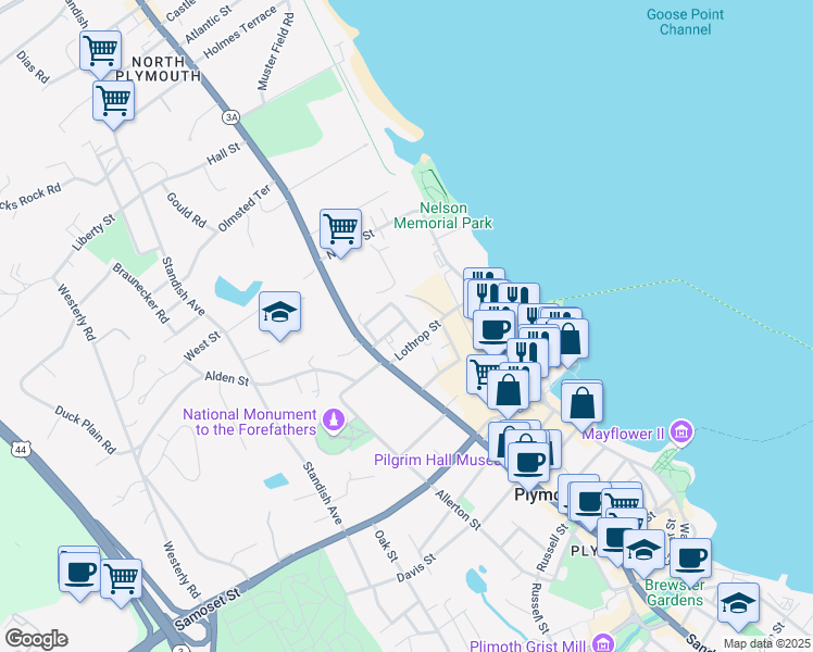 map of restaurants, bars, coffee shops, grocery stores, and more near 11 Grant Street in Plymouth