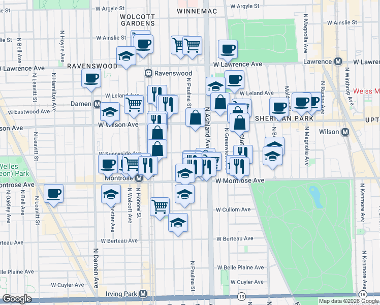 map of restaurants, bars, coffee shops, grocery stores, and more near North Paulina Street & West Sunnyside Avenue in Chicago
