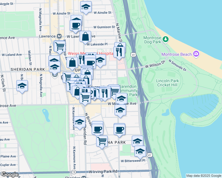 map of restaurants, bars, coffee shops, grocery stores, and more near 820 West Sunnyside Avenue in Chicago