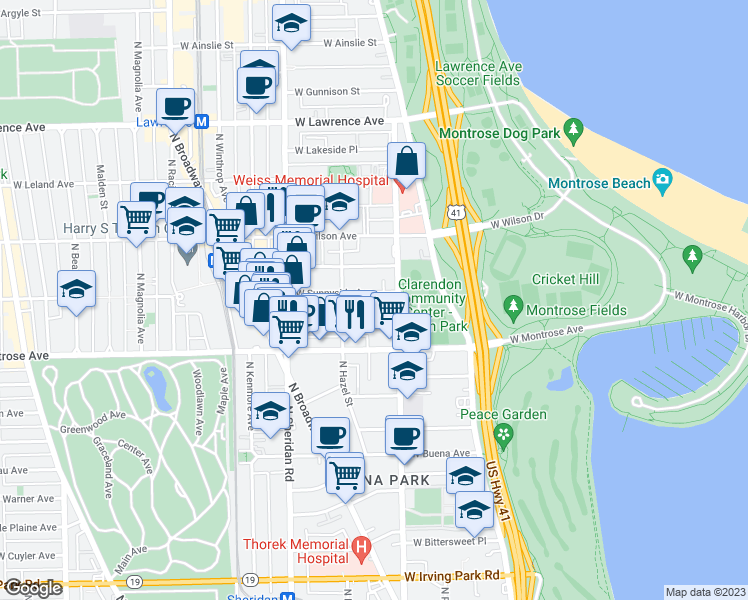 map of restaurants, bars, coffee shops, grocery stores, and more near 820 West Sunnyside Avenue in Chicago