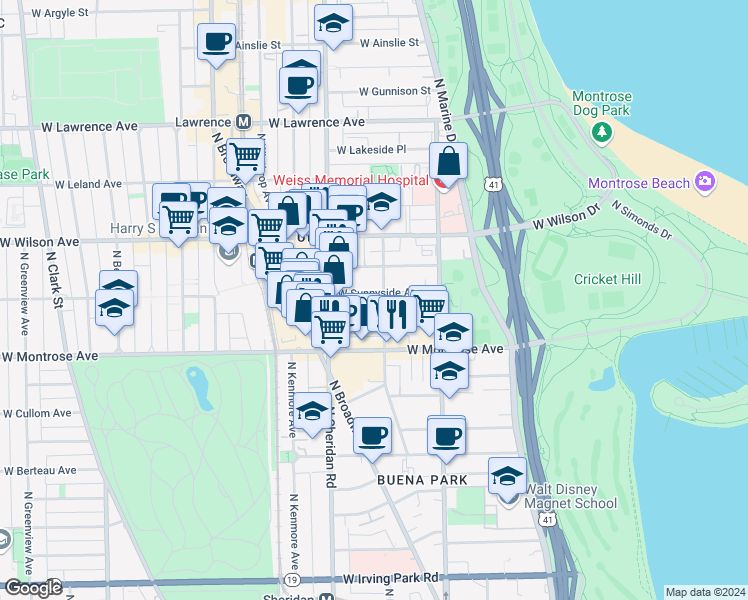 map of restaurants, bars, coffee shops, grocery stores, and more near 4508 North Hazel Street in Chicago