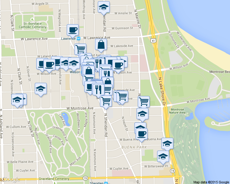 map of restaurants, bars, coffee shops, grocery stores, and more near 4513 North Sheridan Road in Chicago