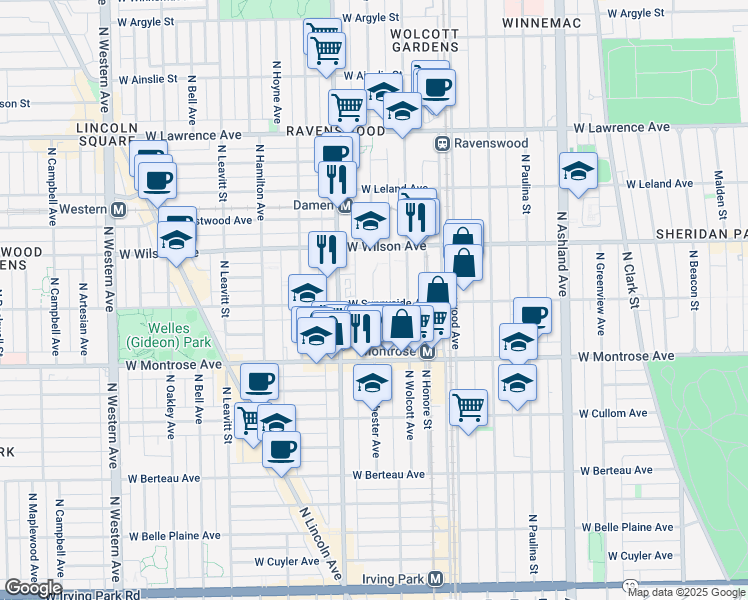 map of restaurants, bars, coffee shops, grocery stores, and more near 4550 North Winchester Avenue in Chicago