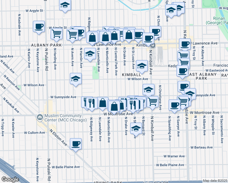 map of restaurants, bars, coffee shops, grocery stores, and more near 4536 North Central Park Avenue in Chicago