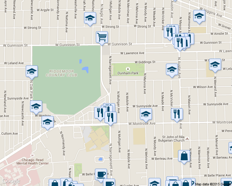 map of restaurants, bars, coffee shops, grocery stores, and more near 4568 North Mulligan Avenue in Chicago