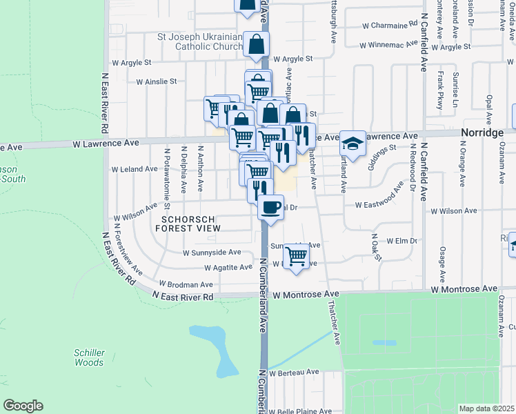 map of restaurants, bars, coffee shops, grocery stores, and more near 4626 Illinois 171 in Norridge