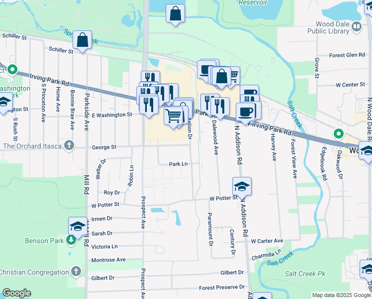map of restaurants, bars, coffee shops, grocery stores, and more near 454 George Street in Wood Dale