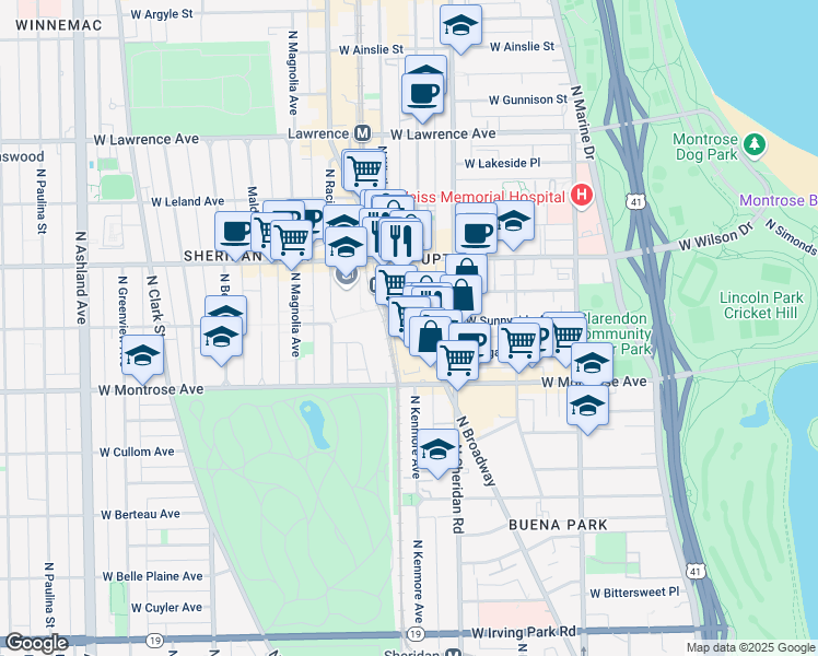 map of restaurants, bars, coffee shops, grocery stores, and more near 4466 North Broadway in Chicago
