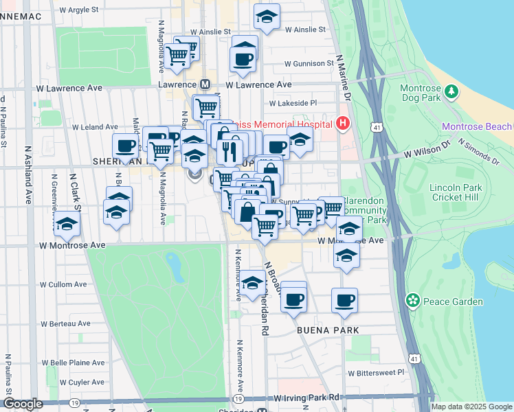 map of restaurants, bars, coffee shops, grocery stores, and more near 4456 North Sheridan Road in Chicago