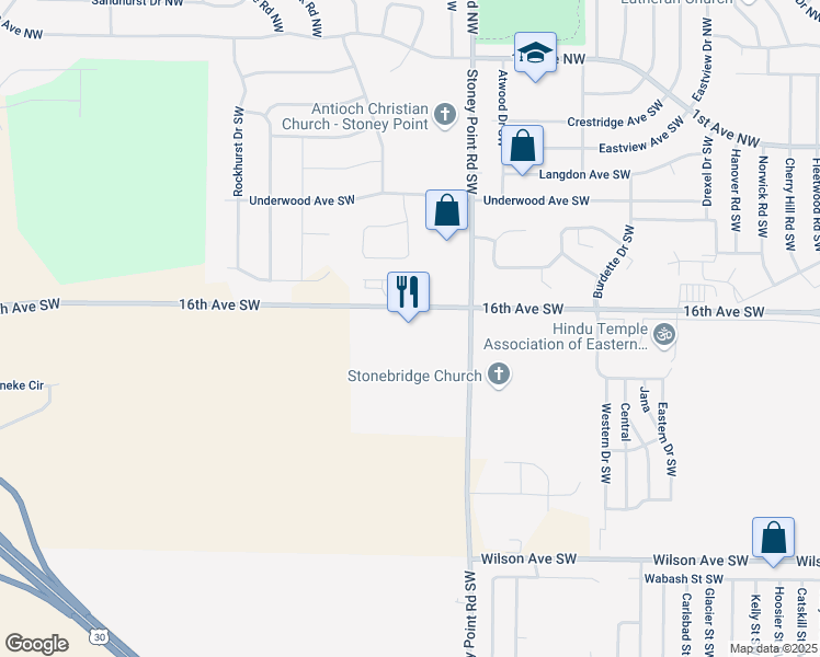 map of restaurants, bars, coffee shops, grocery stores, and more near 6677 16th Avenue Southwest in Cedar Rapids