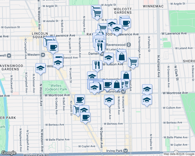 map of restaurants, bars, coffee shops, grocery stores, and more near 4526 North Damen Avenue in Chicago