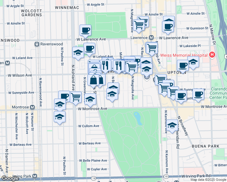 map of restaurants, bars, coffee shops, grocery stores, and more near W Sunnyside Ave & N Beacon St in Chicago