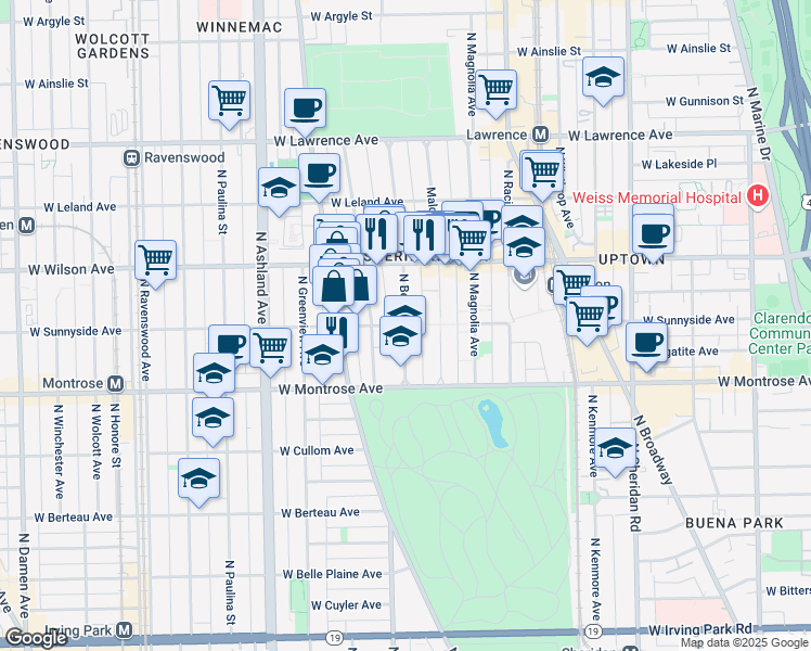 map of restaurants, bars, coffee shops, grocery stores, and more near 4500 North Beacon Street in Chicago