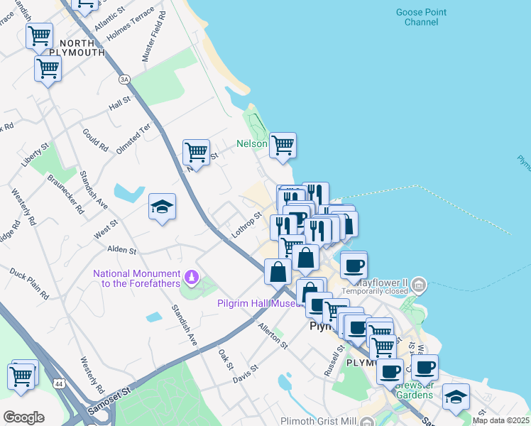 map of restaurants, bars, coffee shops, grocery stores, and more near 30 Lothrop Street in Plymouth
