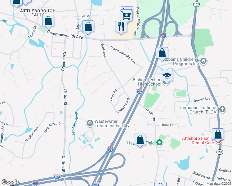 map of restaurants, bars, coffee shops, grocery stores, and more near 15 Flora Road in Attleboro