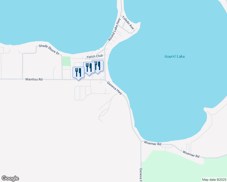 map of restaurants, bars, coffee shops, grocery stores, and more near 2155 Geneva Highway in Manitou Beach-Devils Lake