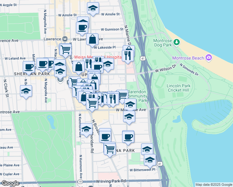 map of restaurants, bars, coffee shops, grocery stores, and more near 820 West Sunnyside Avenue in Chicago