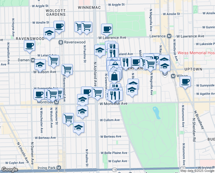 map of restaurants, bars, coffee shops, grocery stores, and more near 4517 North Greenview Avenue in Chicago