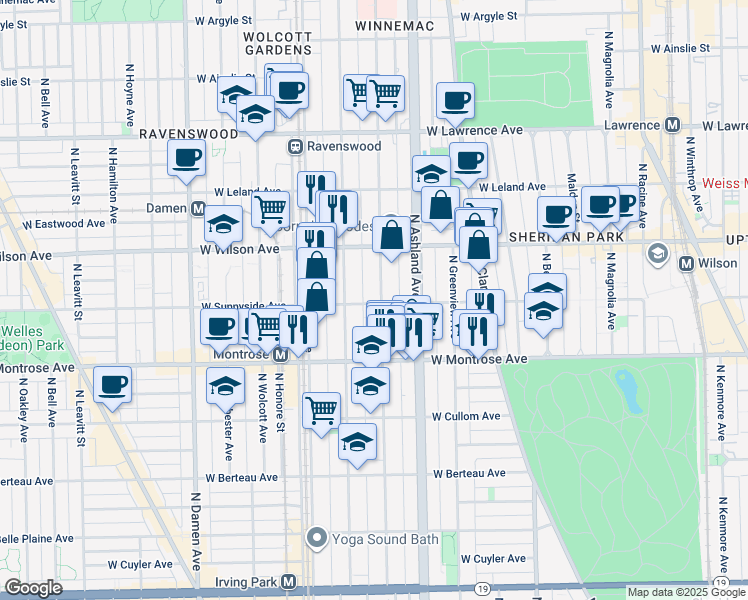 map of restaurants, bars, coffee shops, grocery stores, and more near 4517 North Paulina Street in Chicago