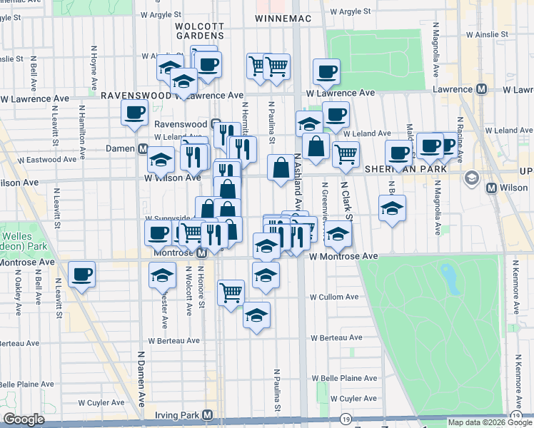 map of restaurants, bars, coffee shops, grocery stores, and more near 4517 North Hermitage Avenue in Chicago