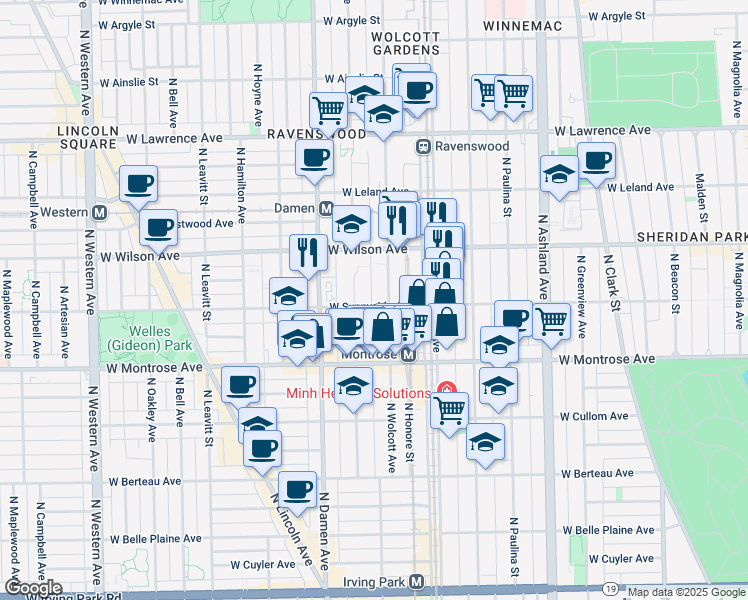 map of restaurants, bars, coffee shops, grocery stores, and more near 4520 North Wolcott Avenue in Chicago